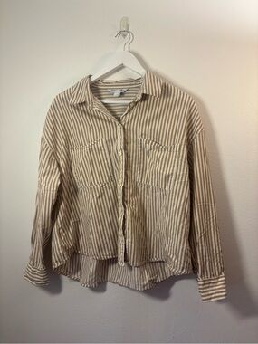 Old Navy Beige & White The Boyfriend Shirt Striped Button-Down Shirt Size Large